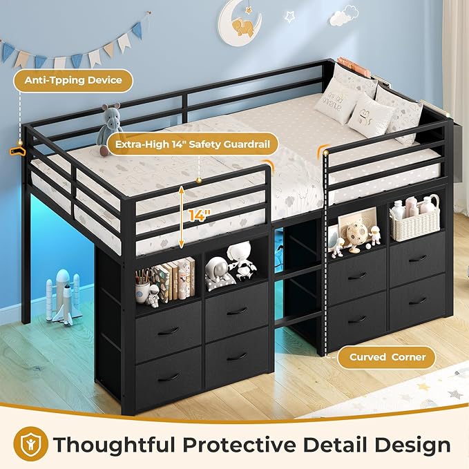 ADORNEVE Low Loft Bed Twin Size with 8 Storage Drawers, Twin Loft Bed with Bookcase and LED Lights, Metal Kids Loft Bed with 14" H Safety Guardrail, Under-Bed Play Space, No Box Spring Needed, Black