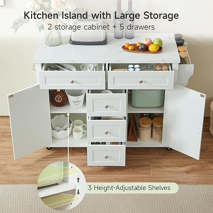ONBRILL 47" Kitchen Island with 2 Storage Cabinets & 5 Drawers, Mobile Island Table for Kitchen with Imitation Marble Drop Leaf, Rolling Island Cart with Power Outlet & Spice Rack & Towel Rack, White