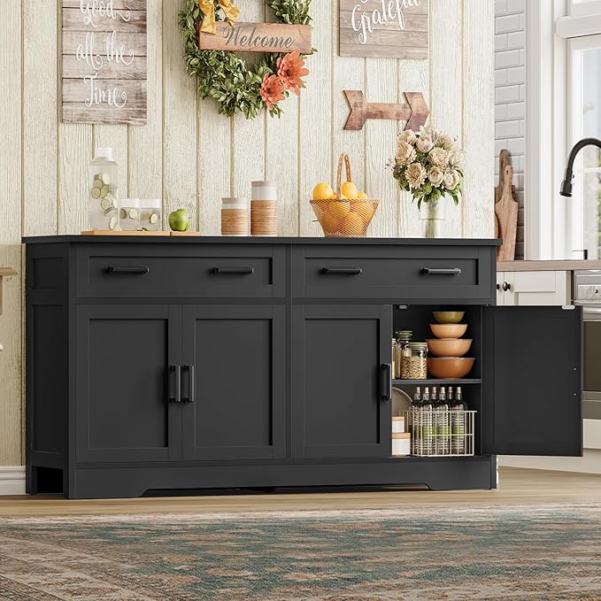 usikey Buffet Cabinet with Storage and Drawers, 55" Large Sideboard Buffet Cabinet with Adjustable Shelves and Doors, Modern Coffee Bar for Kitchen, Living Room, Black