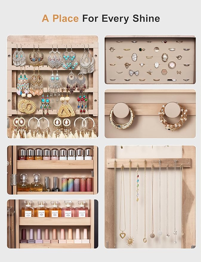 Nicetree Jewelry Cabinet Armoire with 2 Drawers, Standing Jewelry Mirror Cabinet, Full Length Mirror with Jewelry Storage, Lockable Jewelry Organizer with Mirror, Oak
