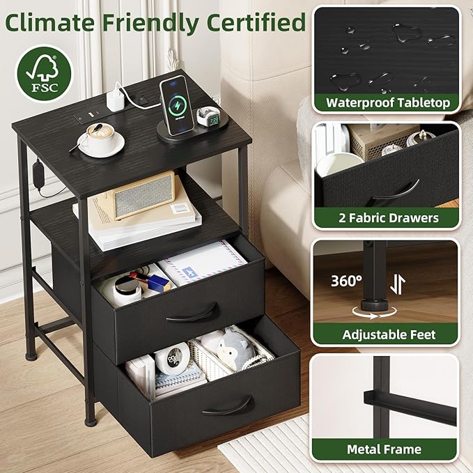 Somdot Black Nightstand with Charging Station and LED Light for Bedroom, 2 Drawers Dresser with Fabric Bins for Bedside Kids Dorm Room Closet Laundry Entryway, Black