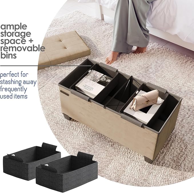 Storage Ottoman Bench with Bins, 30-in Storage Bench for Bedroom End of Bed, Folding Foot Rest Ottoman for Living Room Max 660lbs, Velvet Ottomans, Taupe