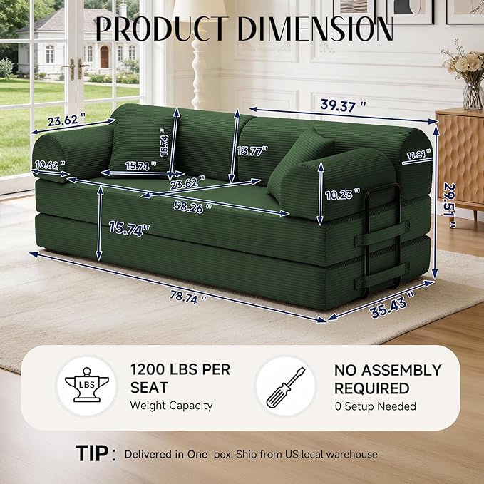 78.8" Convertible Sofa Bed with Detachable Arm Pillow, 6-in-1 Sectional Couches for Living Room, Corduroy Boneless Couch, Sleeper Loveseat Couch Bed, No Assembly, Green Couch
