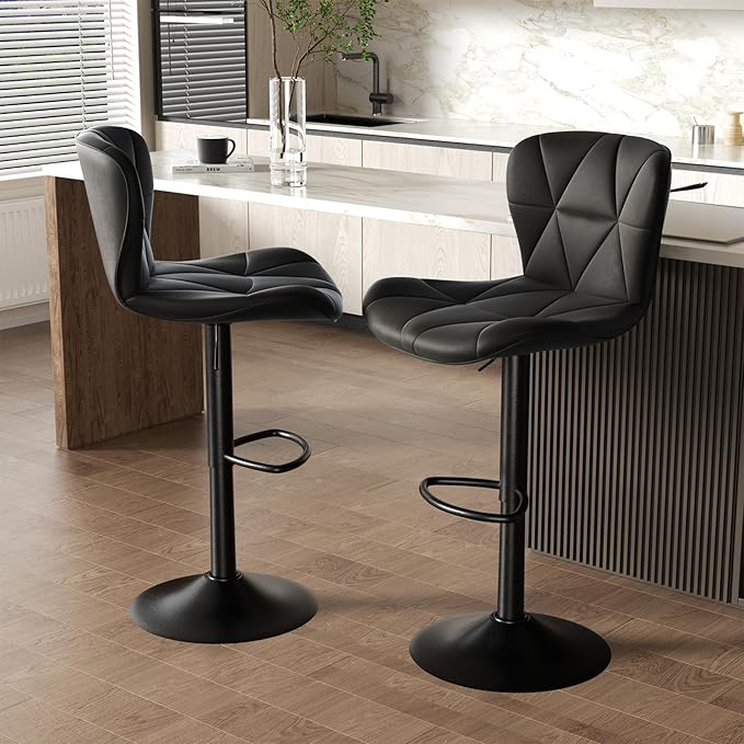 Nalupatio Modern Bar Stools Set of 4, Adjustable Faux Leather Upholstered Swivel Bar Stools, Counter Height Bar Chairs with Back for Kitchen Island, Black