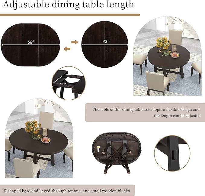Harper & Bright Designs Farmhouse Extendable Round Dining Table Set, Round Wood Table with Shelf and Upholstered Chair Set Perfect for Family