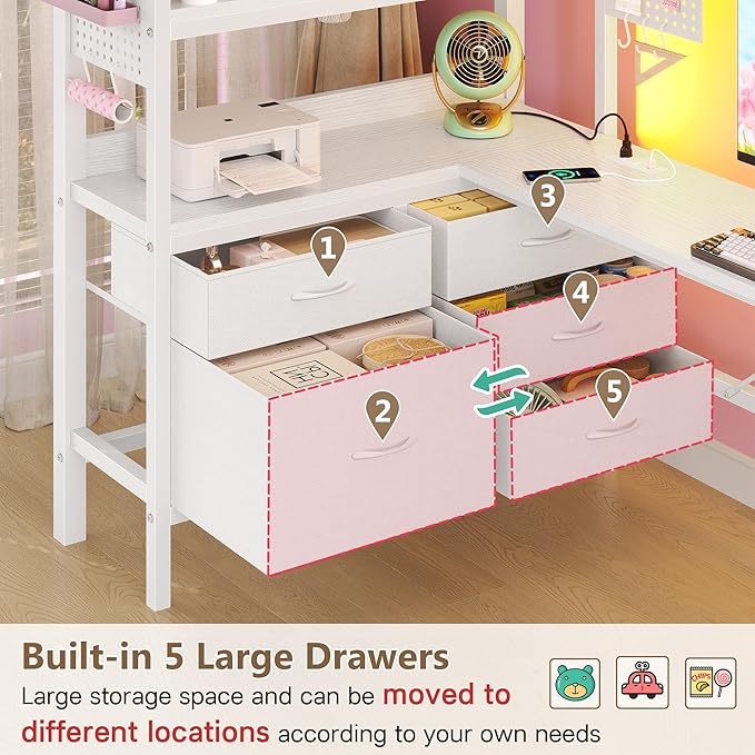 BYSAUD Twin Loft Bed with Desk and Storage, Metal Bunk Bed with 5 Drawers and 2 Pegboards, Heavy Duty Loft Bed Twin Size with LED Lights and Charging Station for Teens Adults, Noise Free, White