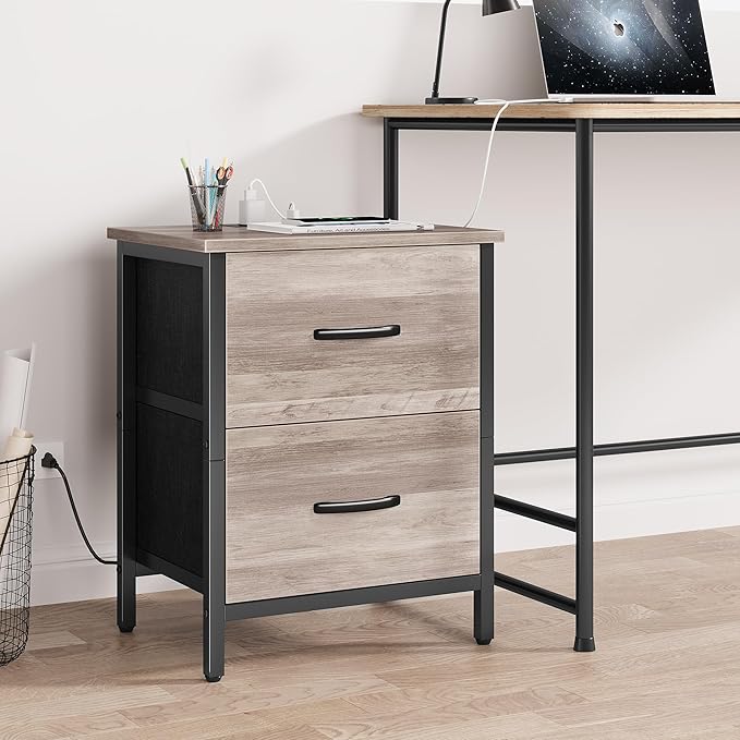 Vagusicc Nightstand with Charging Station, Bedside Table with USB Ports and Outlet, End Table Side Table with 2 Fabric Drawers for Bedroom, Living Room, Greige