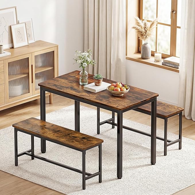 Dining Table Set for 4, Kitchen Table with 2 Benchs, Modern Functional 3-Piece Dining Room Table for Apartment Breakfast Nook and Samll Space, Brown