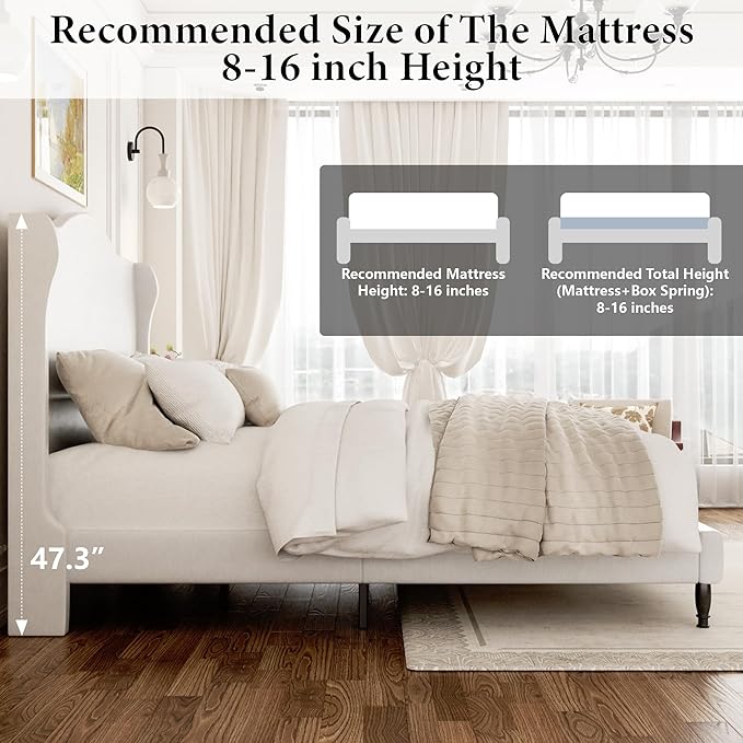 King Upholstered Bed Frame with Tall Headboard, Leather Platform Bed with Wingback Sides, Wood Slats Support, Noise-Free Design, No Box Spring Needed, Easy Assembly, White