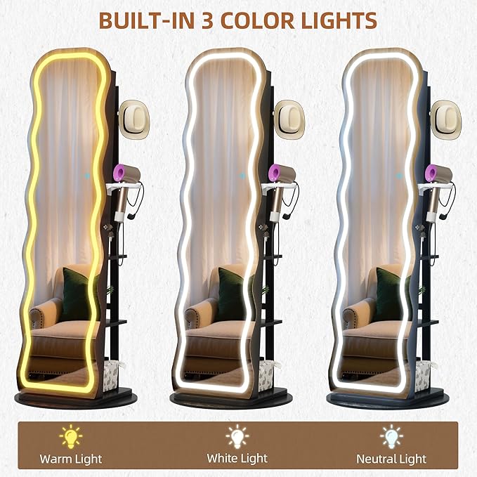 Vlsrka LED Mirror Jewelry Cabinet Standing, 360° Swivel Jewelry Aromire Organizer with Wavy Mirror, Lockable Jewelry Mirror with Storage, Jewelry Cabinet, Interior Mirror, Foldable Shelf (LED Black)