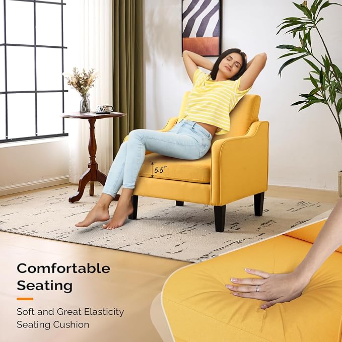VINGLI Chair Yellow Upholstered Linen Accent Chair for Living Room, Bedroom, Mid-Century Modern Arm Chair Comfy Reading Chair with Scooped Arms