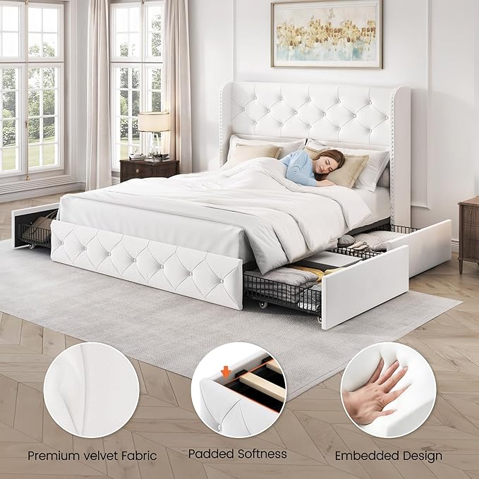LARMACE Full Size Bed Frame with 4 Storage Drawers and 47.2" Tall Wingback Headboard Velvet Upholstered Platform Bed Frame Tufted Beds with Wooden Slats Support, Easy Assembly, White