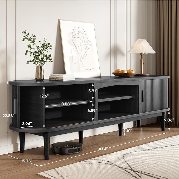 Decofy Mid Century TV Stand for TVs up to 80 Inches, Entertainment Center with Storage, Power Outlet, Fluted Sliding Doors & Adjustable Shelves, Modern Media TV Console Table for Living Room (Black)