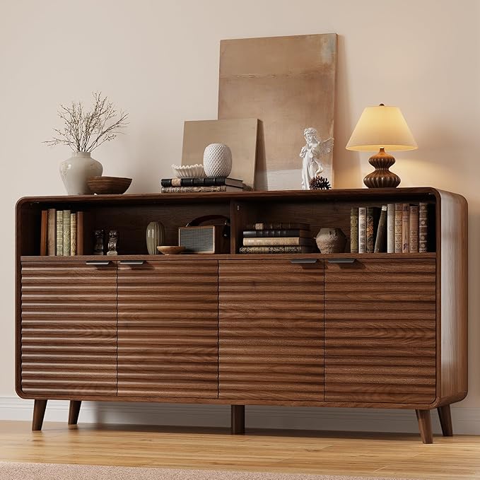 61" Sideboard Buffet Cabinet with Open Storage & 4 Doors, Large Coffee Bar Cabinet with Adjustable Shelves, Mid Century Modern Fluted Buffet Cabinet for Kitchen, Living Room, Walnut