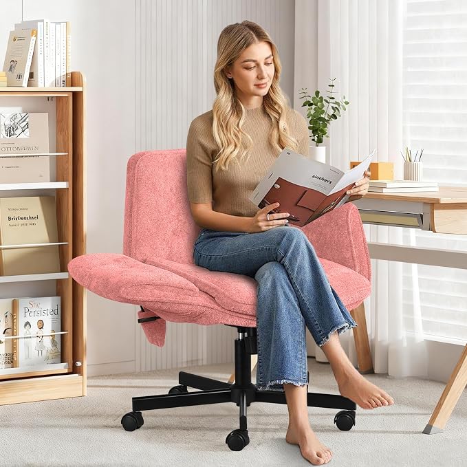 Criss Cross Chair with Lumbar Airbag & Folding Arms Relieve Back Pain, Wide Cross Legged Office Chair for Home Office, Comfy Swivel Desk Chair with Wheels, 5 Level Adjustable Armrest, Chenille(Pink)