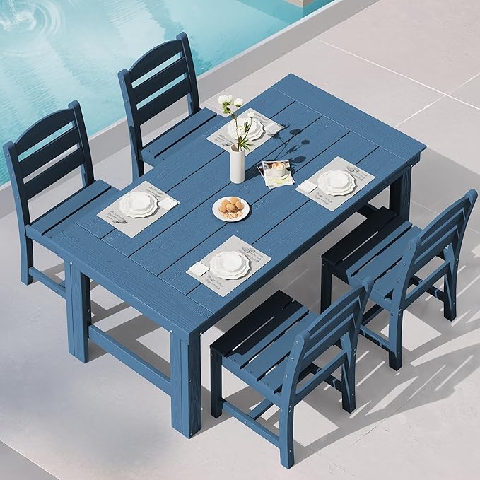 SERWALL Outdoor Dining Table Set, 67‘’ HDPE Patio Dining Set for 4, All-Weather Outdoor Table and Armless Chairs Set for Deck, Blue