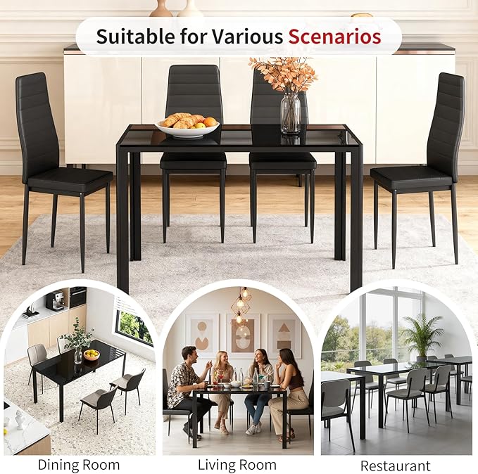 FDW | Dining Table for 4-6 People | Black | 47 Inch Rectangular Glass Kitchen Table | Space-Saving and Modern Design | for Dining Room, Easy to Assemble