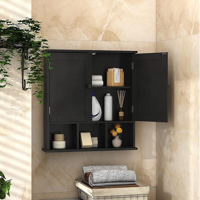 TaoHFE Black Bathroom over the Toilet Storage Cabinet, Wall Medicine Cabinet Organizer with 2 Door Adjustable Shelves, Wooden Modern Bathroom Shelves Wall Mounted Laundry Room, 21L x 5.1W x 23H Inches