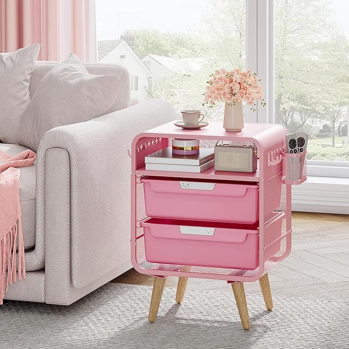 SYKIARIOL Pink Nightstand, Cute End Table with Storage Drawer, Kids Nightstand for Bedroom Furniture, Bedside Table Small Desk Coffee Table for Living Room, Dorm, Office