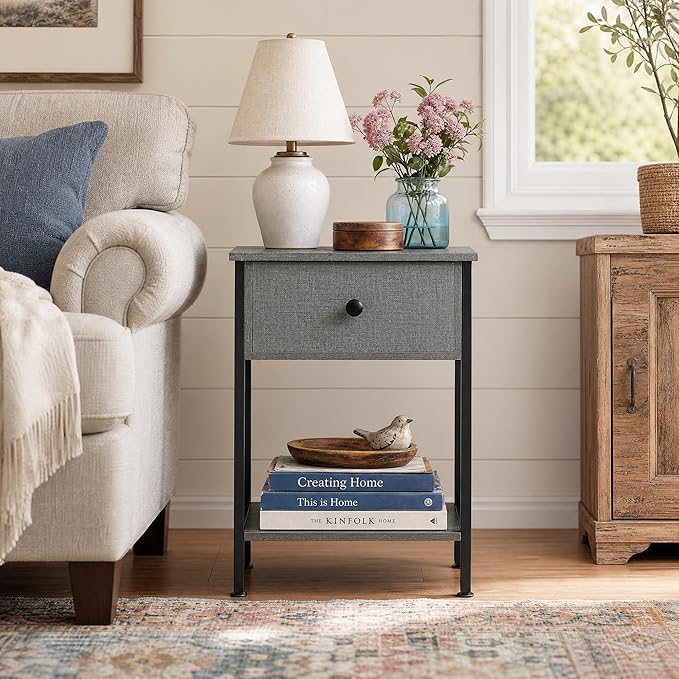 VECELO Nightstands Set of 2, Modern Bedside End Tables, Night Stands with Drawer and Storage Shelf for Living Room Bedroom, Industrial Metal Frame