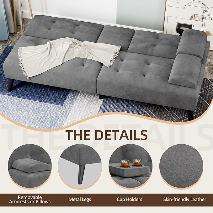 Shintenchi Futon Sofa Bed, Velvet Foldable Couch, Reclining Sleeper with Removable Armrests, Upholstered Loveseat Sofa Couch with Folding Cup Holders for Home, Office, Dark Grey