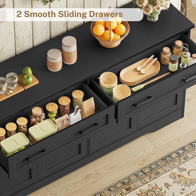 usikey Buffet Cabinet with Storage and Drawers, 55" Large Sideboard Buffet Cabinet with Adjustable Shelves and Doors, Modern Coffee Bar for Kitchen, Living Room, Black