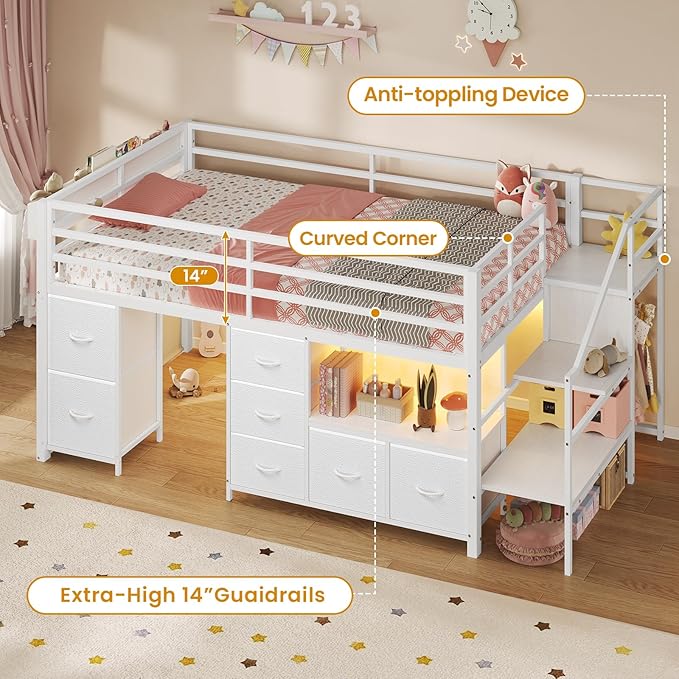 ADORNEVE Low Loft Bed Twin Size with Stairs,7 Drawers, Bookcase and LED Lights, Metal Kids Loft Bed with 14" H Safety Guardrail,Inclined Ladder and Play Curtain, Under-Bed Play Space, White
