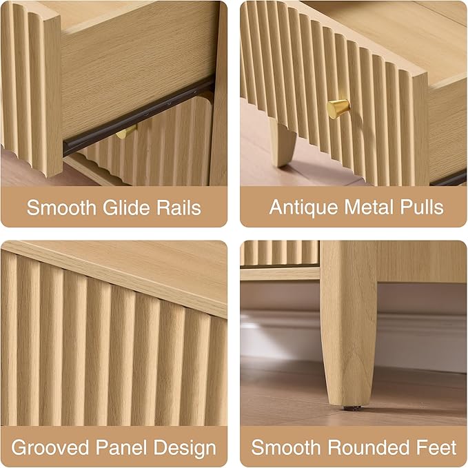 Fluted Nightstand with Charging Station Set of 2, 27.3" Wide Modern Bedside Table with 2 Drawers & Open Shelf, Large Wood End Table with Storage & Metal Handle for Bedroom, Living Room, Natural Wood