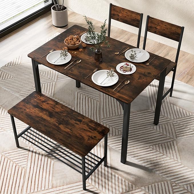 COSTWAY Dining Table Set for 4, Rectangular Kitchen Table Set with Bench and 2 Chairs, Storage Rack & Metal Frame, 4-Piece Dining Room Table and Chairs Set for Small Space, Apartment (Coffee)