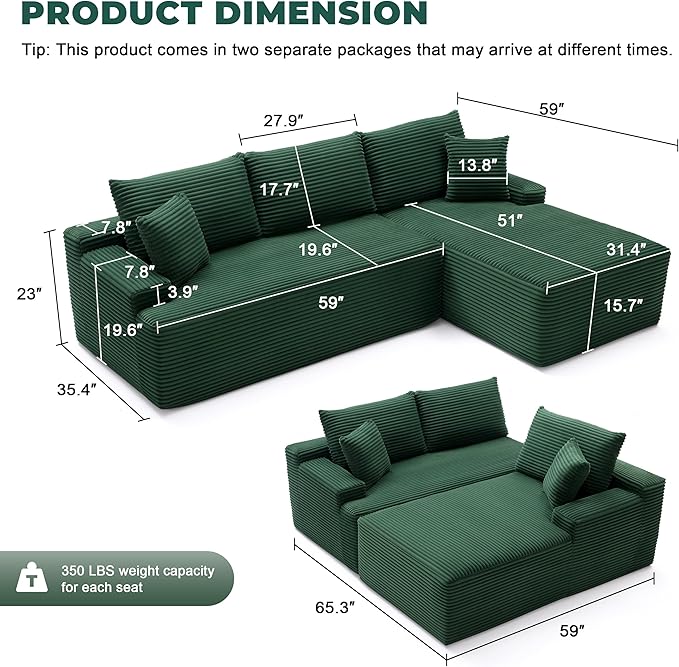 Mangodan Cloud Sectional Sofa, Boneless Couch for Living Room, Modular Sectional Sofa with Deep Seat, Fluffy L-Shaped Comfy Couch with Right-Facing Chaise, No Assembly Required, Green