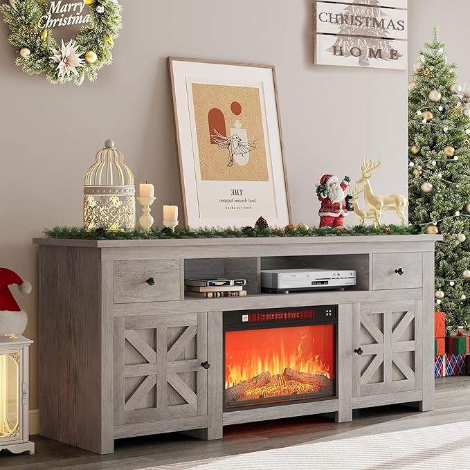 YITAHOME Electric Fireplace TV Stand for TVs up to 80 Inches, Entertainment Center with Fireplace, Farmhouse TV Stands with Storage Drawers & Cabinets for Living Room (Grey Oak)