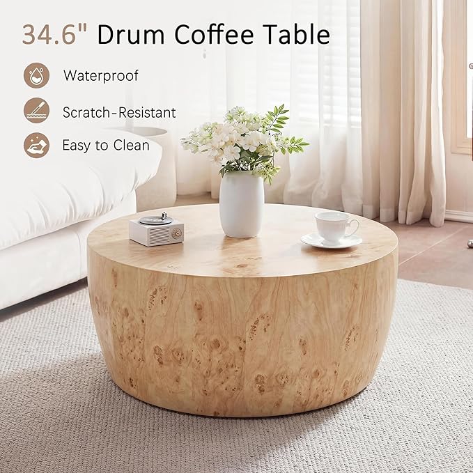 YYQ Upgraded 34.6" Round Coffee Table for Living Room, Burl Faux Marble Pattern Coffee Table, Reversible Drum Coffee Table, Tea Table Wooden Table for Home Office, No Assembly Required