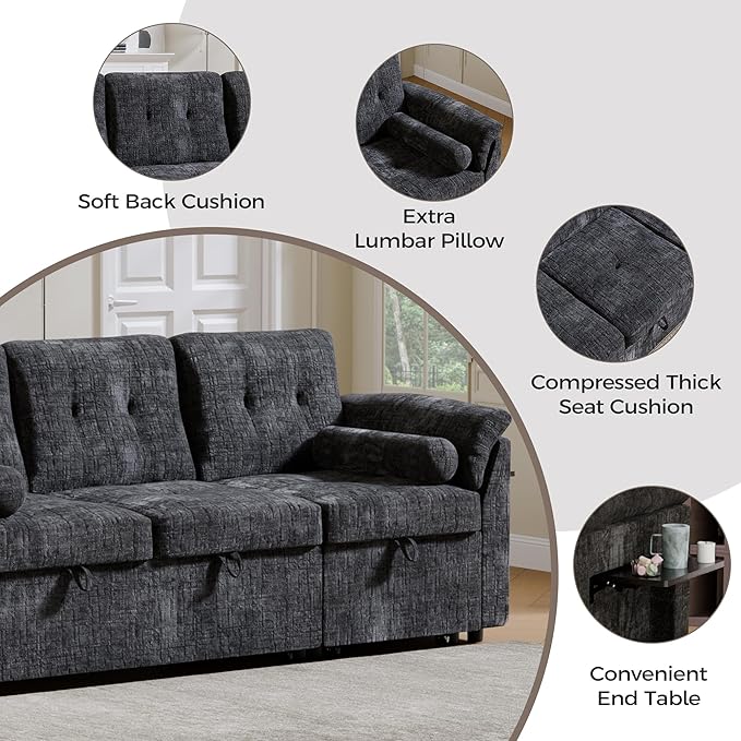 Convertible Sleeper Sofa Bed, 63 Inch Chenille Pull Out Couch with Side Table & Adjustable Backrest, Sectional Sleeper Sofa with Pull Out Bed for Living Room, Apartment, Black