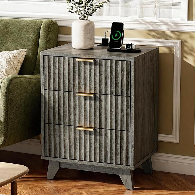 VINGLI Gray Nightstand with Charging Station, Fluted Nightstand 3 Drawers Grey Night Stand for Bedroom, Fluted Grey Bedside Table/End Table/Side Table, 17.72" W*13.78" D*23.62" H, 1 pc