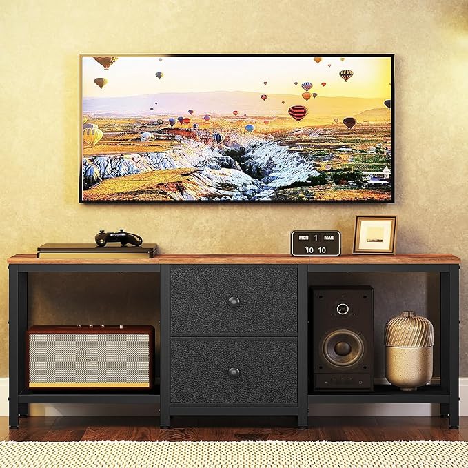 YATINEY TV Stand for TVs up to 55", Entertainment Center with 2 Fabric Drawer, Media Console with Shelves, Television Stands for Living Room, Bedroom, Rustic Brown and Black DS02BR