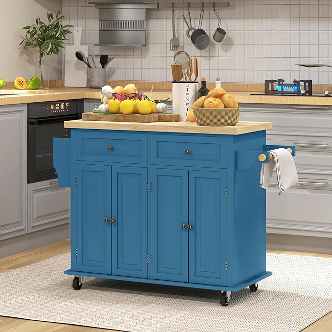 HOMCOM Kitchen Island Cart with Solid Wood Top, 44" Mobile Kitchen Island Table on Wheels with Storage Cabinets, 2 Drawers, Adjustable Shelves, Spice Rack & Towel Bar for Dining Room, Turquoise