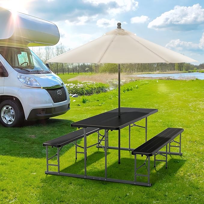 VINGLI Folding Picnic Table and Bench Set, Portable Outdoor Dining Furniture for Camping, Patio, Backyard, Wood Grain Plastic Top with Metal Frame with Kaqi Umbrella