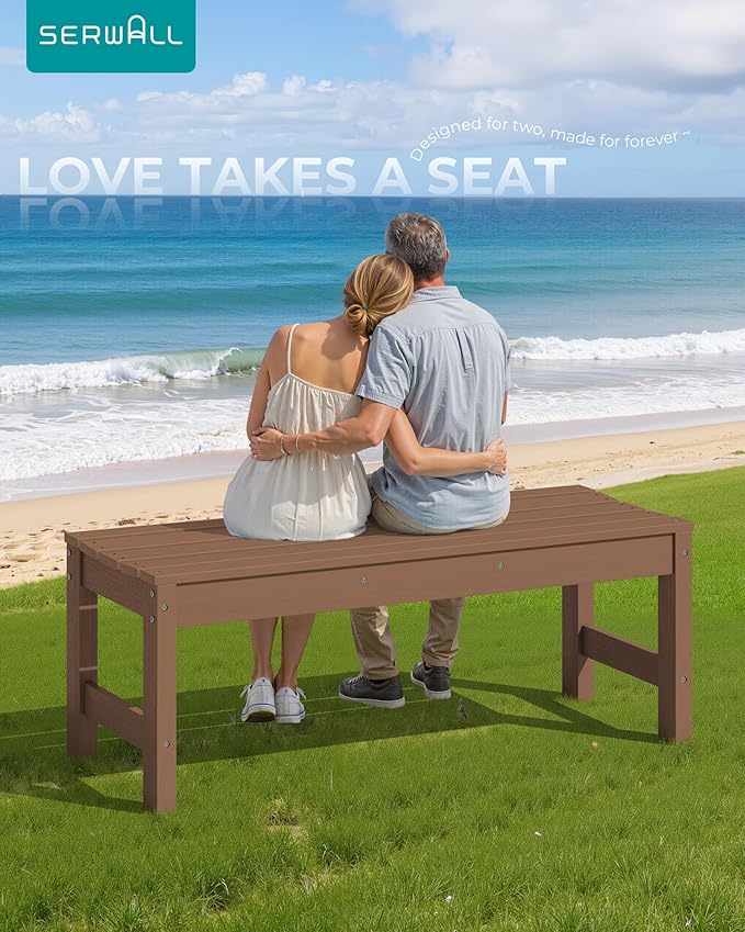SERWALL 47 Inches Outdoor Bench Set of 2, All Weather HDPE Backless Bench with Wood Grain Texture for Garden Porch and Park, Curved Bench Seat for Comfort, Brown