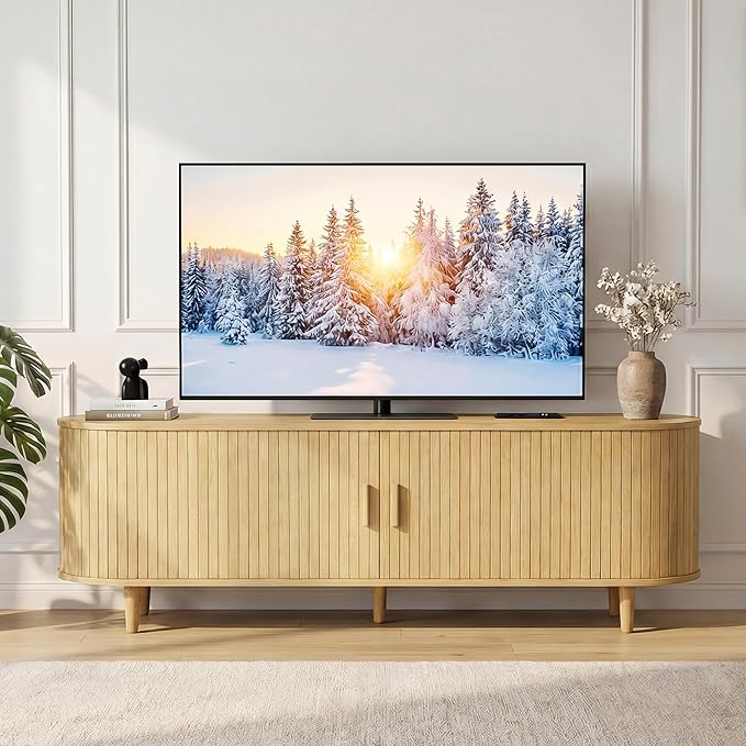 65" Mid Century Modern TV Stand, Wood TV Consoles with Sliding Doors and Power Outlet, Fluted Entertainment Center with Adjustable Shelves, Media Console for Living Room, Oak