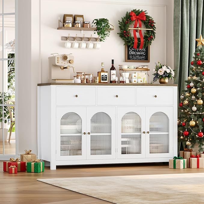 FINETONES Buffet Cabinet with Storage, 55.1" Large Sideboard Buffet Cabinet, Farmhouse Kitchen Cabinets with 3 Drawers and 4 Doors, Wood Coffee Bar for Kitchen Dining Room, White