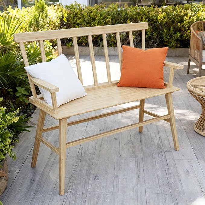 Dining Bench for Kitchen & Dining Room – Bamboo Wood Bench with Spindle Back & Armrests, Farmhouse Entryway Bench, Indoor Bedroom Bench, Versatile Entry Bench & Outdoor Bench Seating（Natural with Arm）