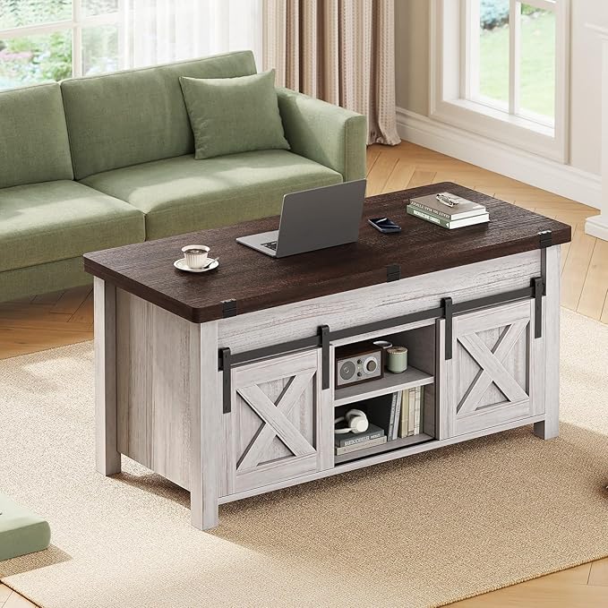 SEDETA Lift Top Coffee Table, 4 in 1 Multi-Function Convertible Coffee Tables with Storage and Hidden Compartment, Farmhouse Coffee Table Converts to Dining Table for Living Room, Vintage White
