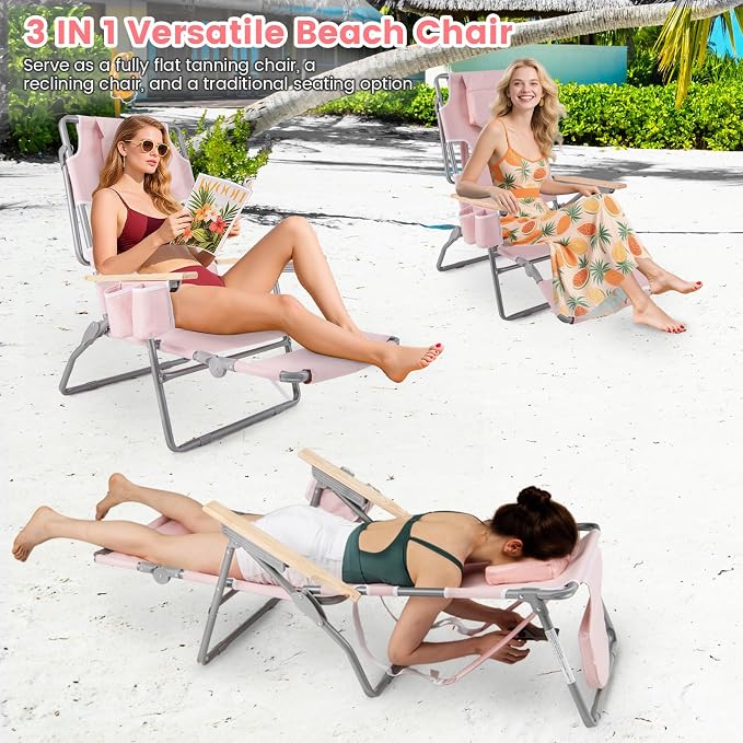 Goplus 3-in-1 Foldable Beach Chair, Lay-Flat Tanning Chair with Face and Arm Holes, Footrest, 330 lbs Heavy-Duty Portable Reclining Lounge Chairs for Outside, Camping, Patio, Poolside, Lawn (2,Pink)