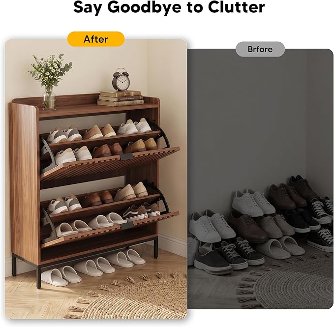Shoe Cabinet for Entryway, Modern Slim Shoe Storage Cabinet with 2 Flip Drawers, Freestanding Narrow Shoe Rack Organizer with Breathable Slatted Doors & Adjustable Footpads for Hallway & Foyer, Walnut