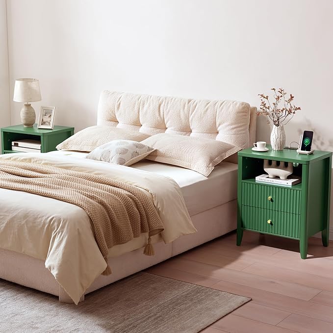 Fluted Nightstand with Charging Station, 21" Wide Modern Bedside Table with 2 Drawers & Open Shelf, Wood End Table with Storage & Metal Handle for Bedroom, Living Room, Small Spaces, Green