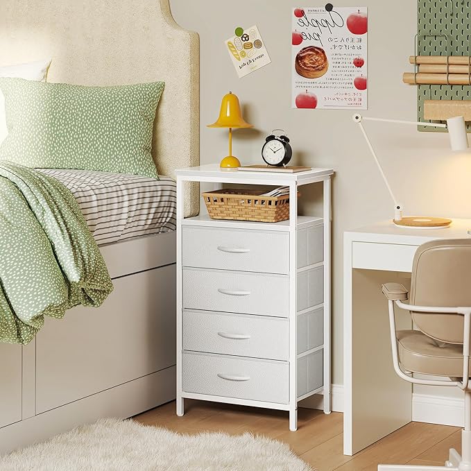 Huuger Night Stand with Charging Station, Multiple Drawer Dresser for Bedroom, Bedside Table, Tall Nightstand with PU Leather Finish, Open Shelf, End Table, for Closet, Entryway, Bedroom, White