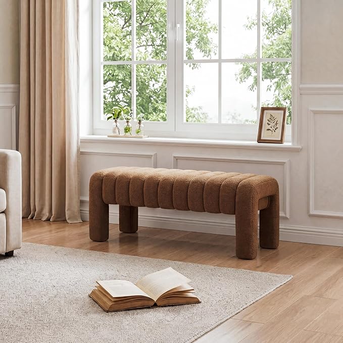 43’’ Bedroom Bench, Upholstered End of Bed Bench with Solid Wood Legs, Modern Small Dining Bench with Full Covered Fabrics for Entryway, Bedroom, Living Room (Rust Brown, Boucle)