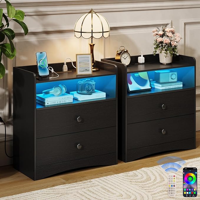 Memobarco 2 Pack Nightstand with Charging Station and LED Light, Modern Nightstand with USB Ports and Outlets, Wooden Bedside Table with 2 Storage Drawers, Small Dresser for Bedroom Small Space, Black
