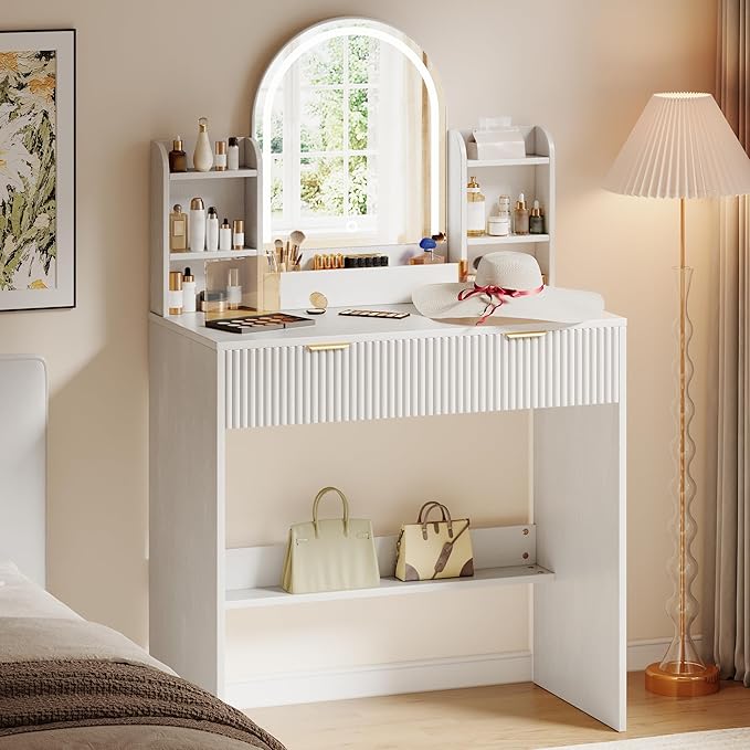 TOKSOM Makeup Vanity Desk with Mirror and Lights, White Vanity Table with 2 Drawers & Open Storage Shelves, Fluted Vanity Bedroom Makeup Dressing Table Set for Women Girls