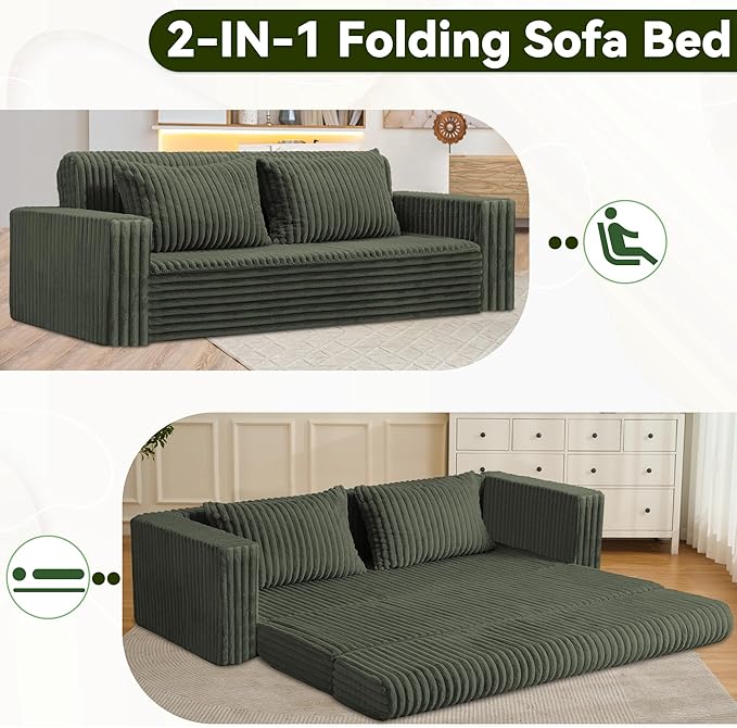 HABUTWAY 78" Loveseat Boneless Couch, 4-in-1 Convertible Sofa Bed, Plush Fur Folding Futon Sofa Bed Couches with 2 Pillows for Living Room, High-Density Foam Support, No Assembly Required, Green